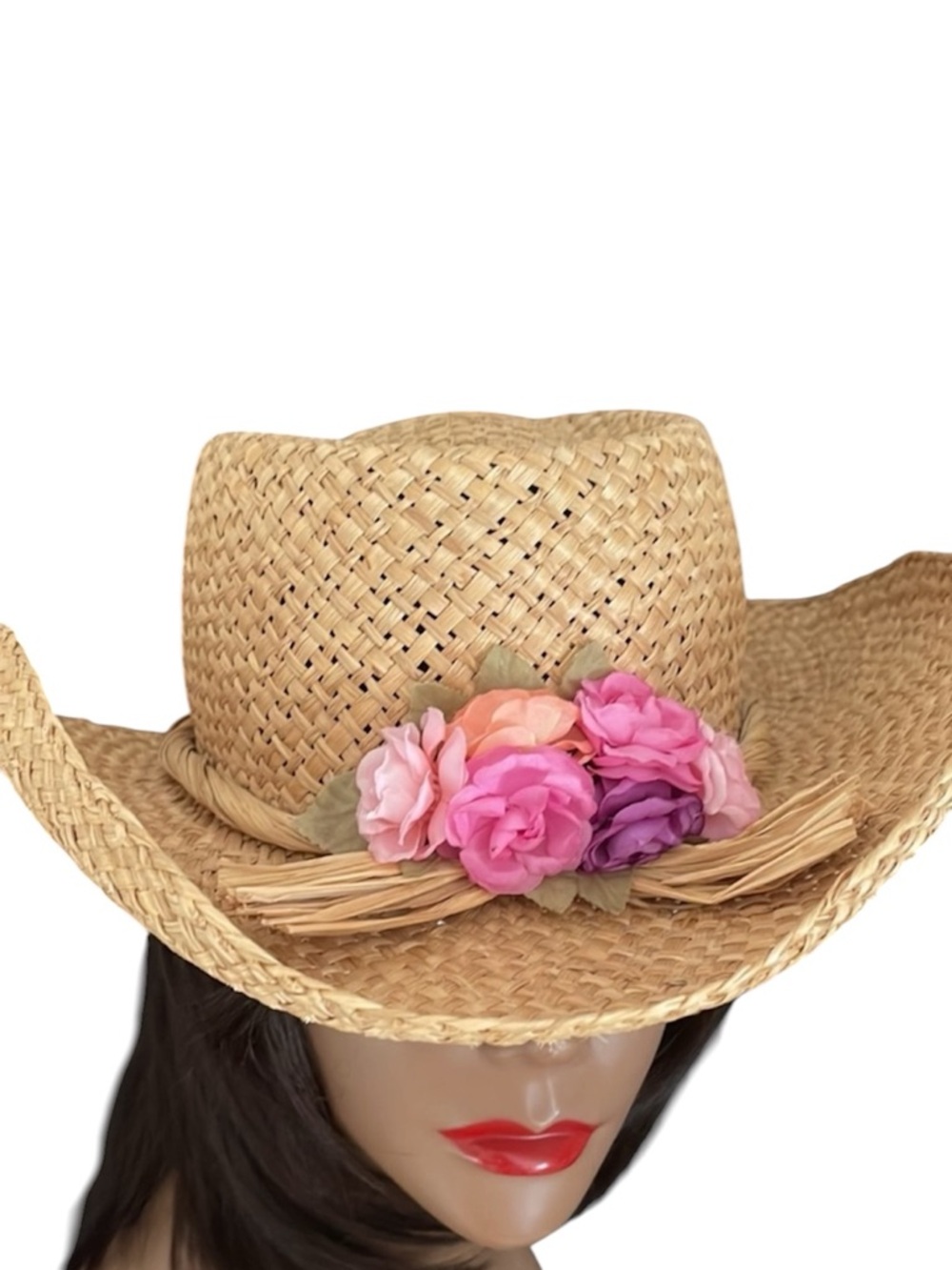 Natural Straw Western Brim Hat with Flowers
